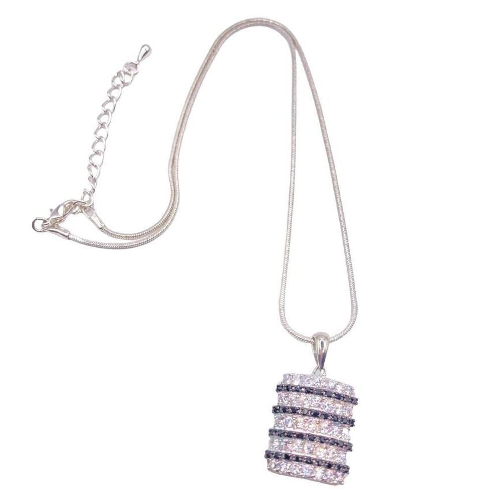 Silver Black and White Stripes Rhinestone Pendant Necklace